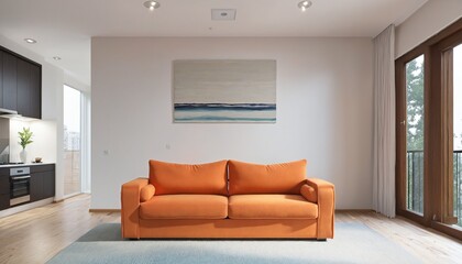 The modern living room features a comfortable orange sofa as the focal point of its stylish interior design