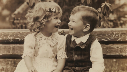 Vintage Photo of Laughing Children on a Bench