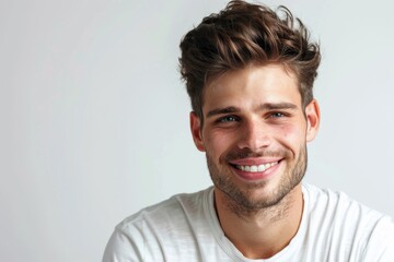 Fototapeta premium A man wearing a white t-shirt and a beard, probably in a casual or outdoor setting
