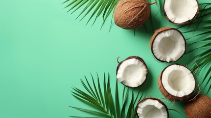 Whole and halved coconuts with palm leaves on a green background