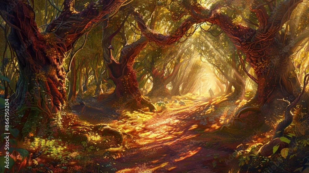 Poster a forest scene with two trees in the foreground and a road in the background. generate ai image