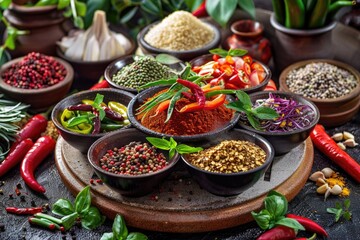 Fototapeta premium Colorful arrangement of various spices and herbs in bowls on a table, ideal for food photography or as a decorative element