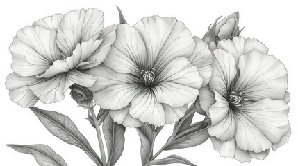   A monochromatic illustration of three blossoms on a stem with foliage adorning the stem and a bloom atop it