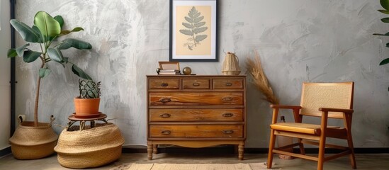 Stylish living room interior with vintage wooden dresser, chair, plant in rattan pot, decorative items, and framed poster on wall. Home decor template.