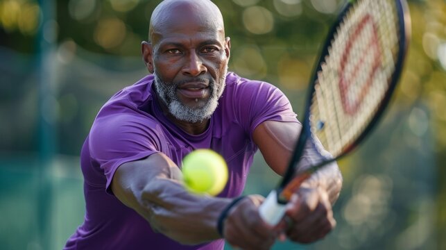 A close-up image of a senior African American man with a grey beard, intensely focused as he prepares to hit a tennis ball with his forehand
