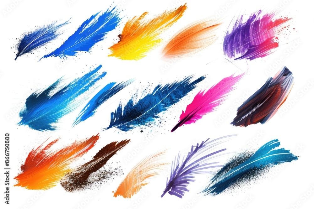 Poster A collection of colorful feathers arranged on a white background, suitable for use in designs and compositions