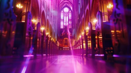 A church building lit up by a purple glow at night, possibly for an event or ceremony