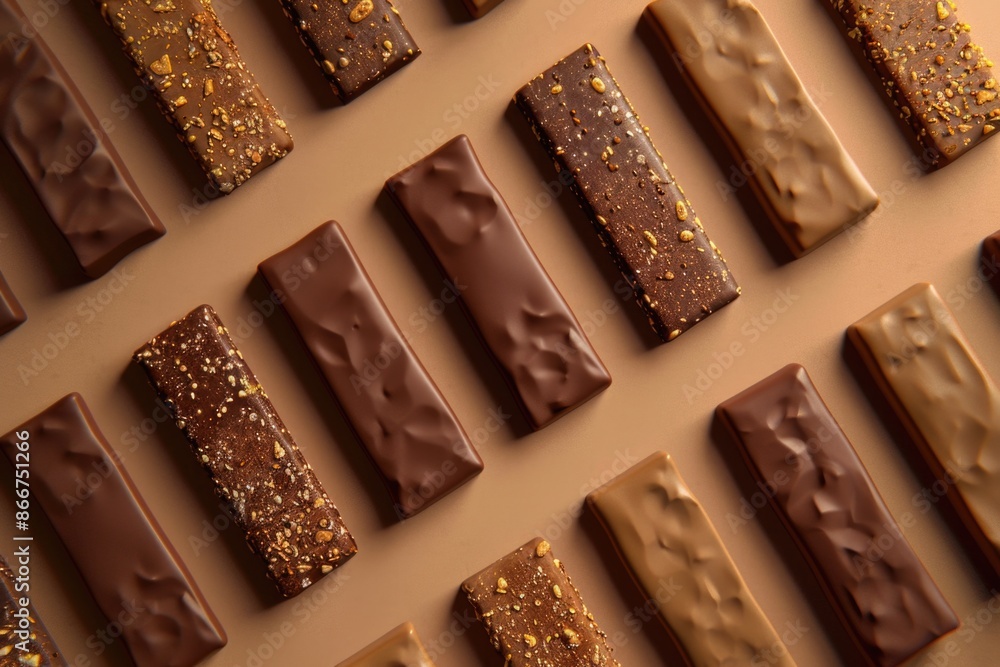Poster Close-up shot of various types of chocolate bars arranged on a table