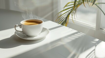 Cup of hot coffee on a table with sunlight streaming through a window, calming morning concept