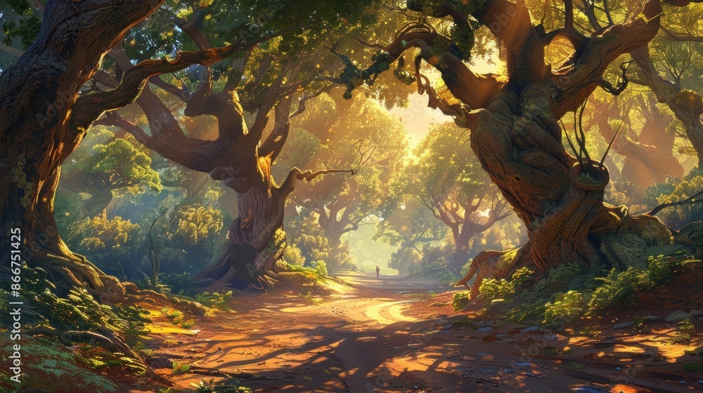 Poster a forest scene with two trees in the foreground and a road in the background. generate ai image