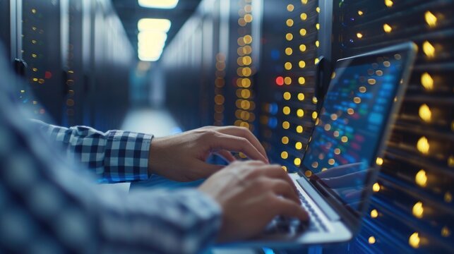 A person sits at a desk in a server room, focused on their laptop as they type away