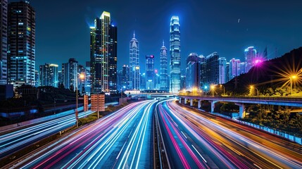 Fototapeta premium Urban glow: Headlights and light trails on a busy highway at night, leading to a brightly lit city skyline, showcasing the city's nighttime vibrancy