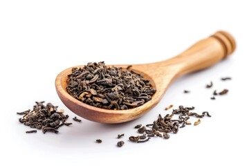 A traditional wooden spoon filled with a blend of black tea for brewing