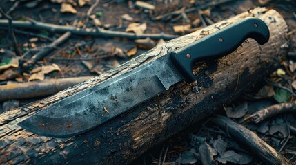 Machete resting on a log with empty space