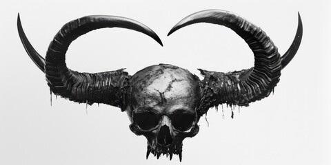 A black and white photograph of a skull with horns, suitable for use in fantasy or horror themes