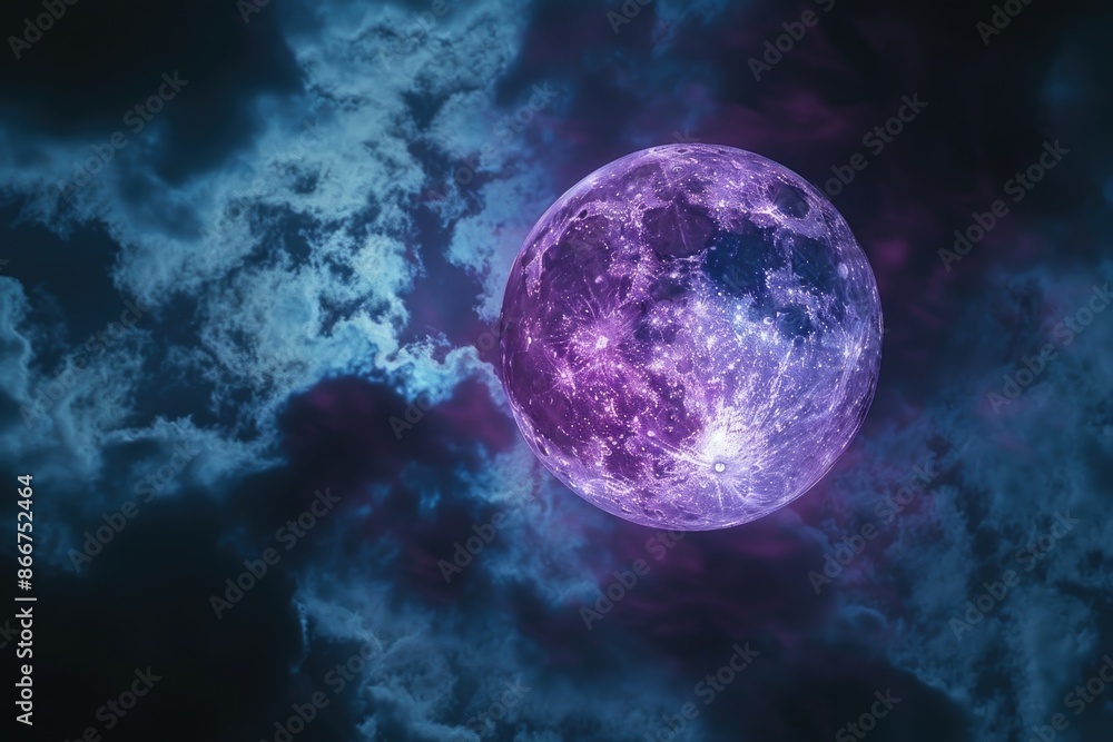 Poster A vibrant purple moon shines through the clouds, perfect for use as a unique background or addition to astronomy-themed designs