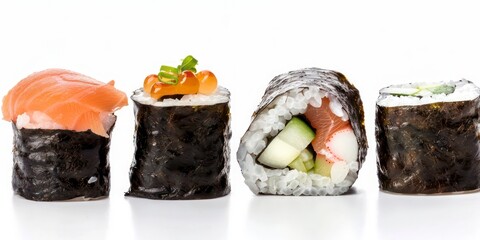 Sushi Rolls with Salmon, Rice, Chopsticks on White Background, AI Generative