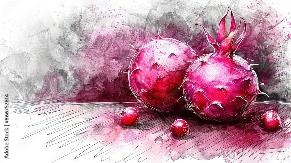 Poster two red pomegranates on a white canvas with a splash of color