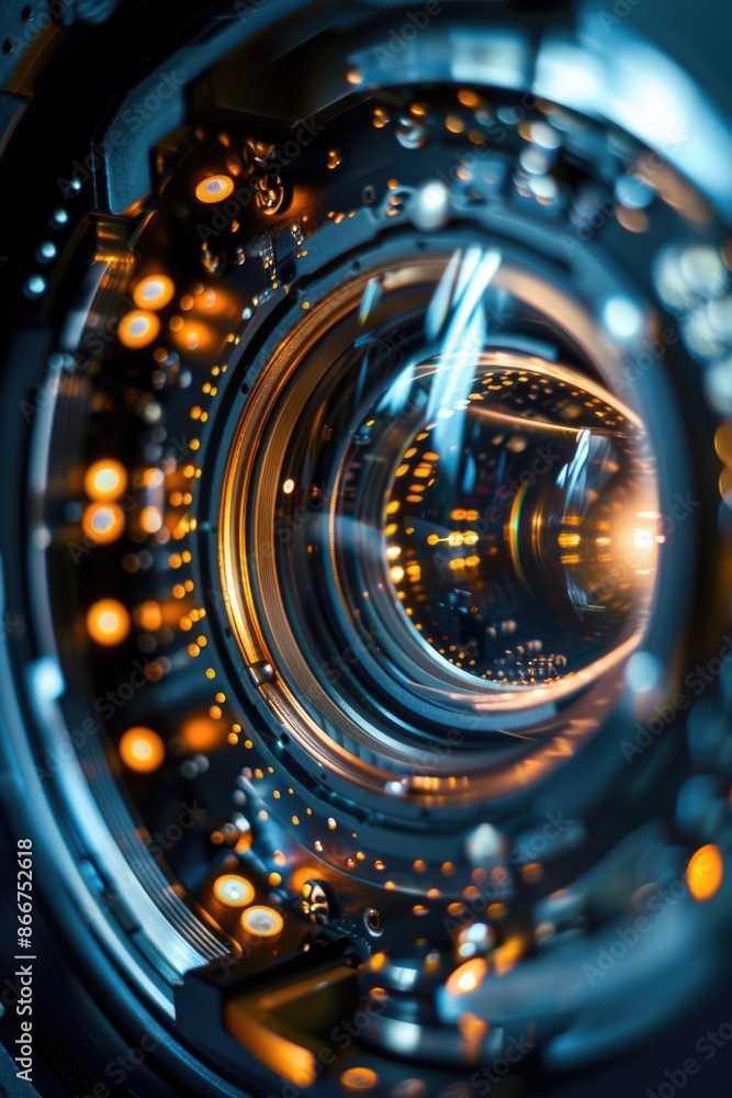 Poster a detailed shot of a camera lens, suitable for use in photography or technology-related contexts