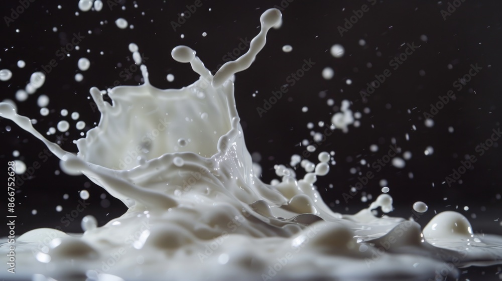 Poster A small amount of milk has been splashed onto a black surface, creating a striking visual contrast
