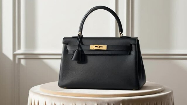 a sleek, black leather handbag with gold hardware, a structured design. 