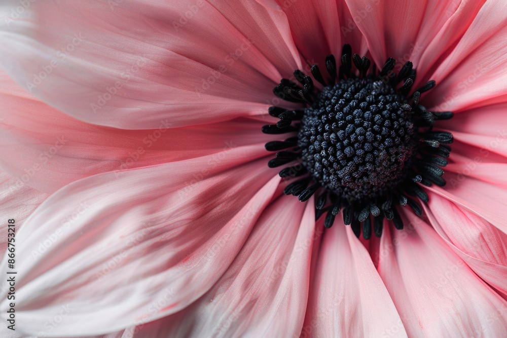 Poster A close-up shot of a pink flower featuring a distinctive black center, perfect for use in designs and compositions where a bold pop of color is desired