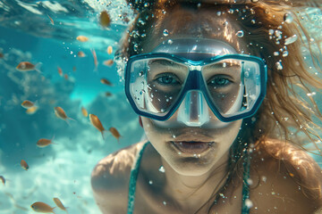 Naklejka premium Underwater photo of young woman swimming near corals and reefs
