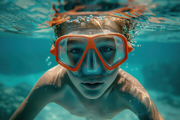 Naklejka premium Underwater photo of young child boy swimming near corals and reefs