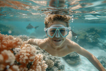 Naklejka premium Underwater photo of young child boy swimming near corals and reefs
