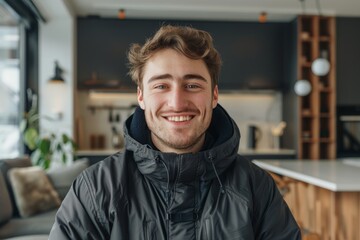 Obraz premium Portrait of a happy caucasian man in his 20s wearing a windproof softshell in modern minimalist interior