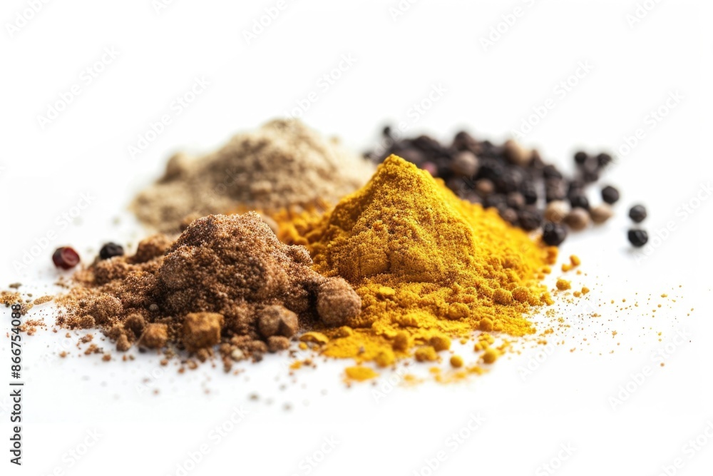 Poster a selection of spices arranged on a clean white surface