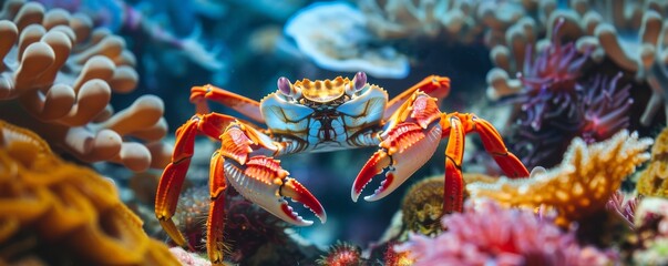 Colorful crab on coral reef underwater, vibrant marine life. Ocean biodiversity concept