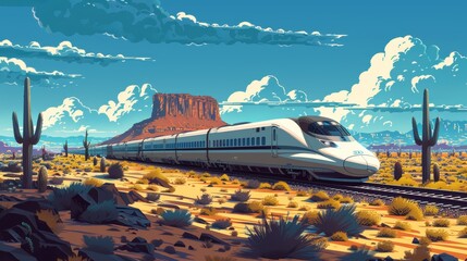 Fototapeta premium A high-speed train races through a desert landscape with towering rock formations and cacti.