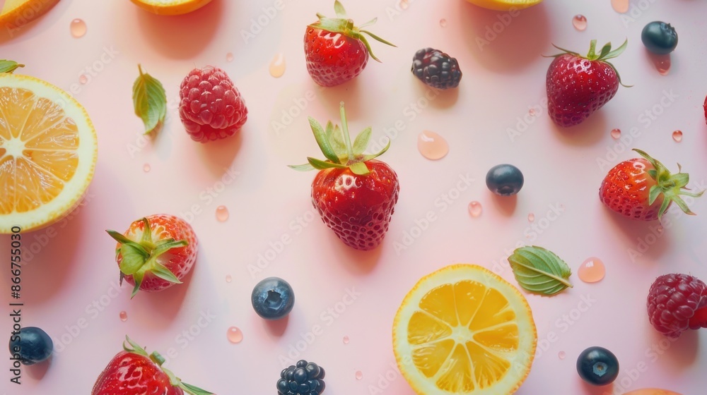 Poster a colorful arrangement of various fruits on a bright pink surface, ideal for use in food-related con