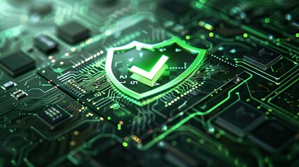 Digital security shield icon on a circuit board background. Printed circuit board. Technology background. 3D illustration. PCB, Code, HTML. AI generated illustration