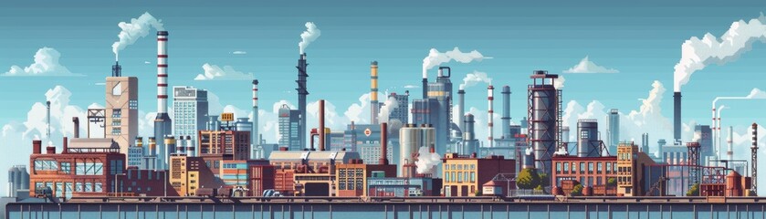 Obraz premium Industrial cityscape with smoke stacks and buildings.