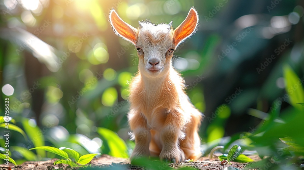 Poster a close-up of a goat in a field of grass with trees and sunlight shining through the leaves