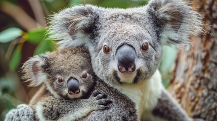 Obraz premium Mother Koala Holding Her Joey Close