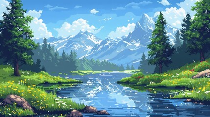 Fototapeta premium A serene mountain lake with lush greenery, surrounded by towering snow-capped peaks. The blue sky reflects on the calm waters, creating a breathtaking view.