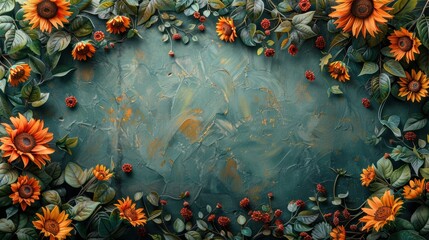 An ornate text box with a border of sunflowers and ivy leaves. 