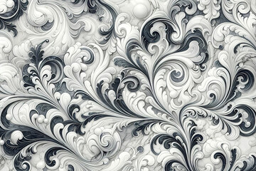 Intricate black and white baroque ornament consisting of delicate curls, curly lines and leaf-like motifs on a marble background