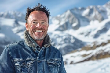 Portrait of a grinning caucasian man in his 40s sporting a rugged denim jacket on snowy mountain range