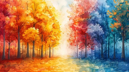 A vibrant abstract painting of a forest with contrasting warm and cool colors, representing the cycle of seasons.