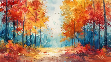 Vibrant fall foliage paints the forest with warm hues, creating a picturesque pathway through the trees.