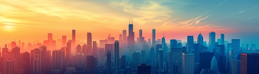 Fototapeta premium City skyline at sunset with a colorful sky.