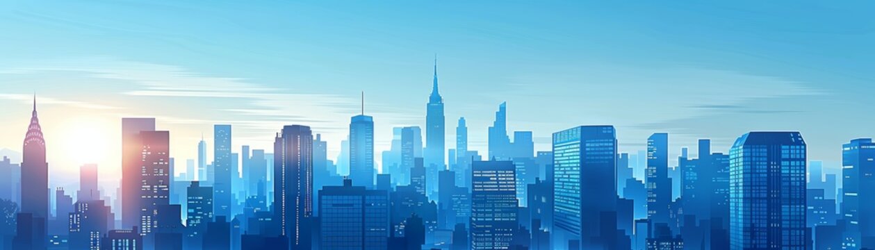 A blue cityscape skyline with a hazy sun rising behind the buildings.