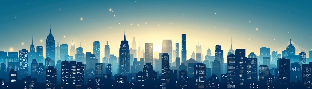 Silhouette of a city skyline at sunrise.
