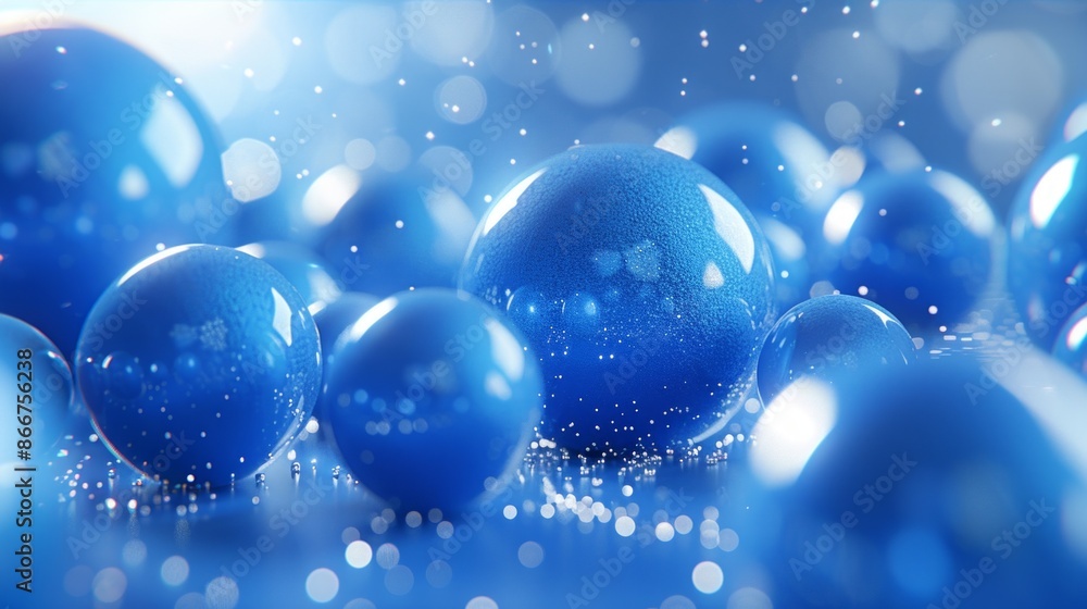 Poster group of glossy blue spheres rest on a surface, reflecting the light from an unseen source.