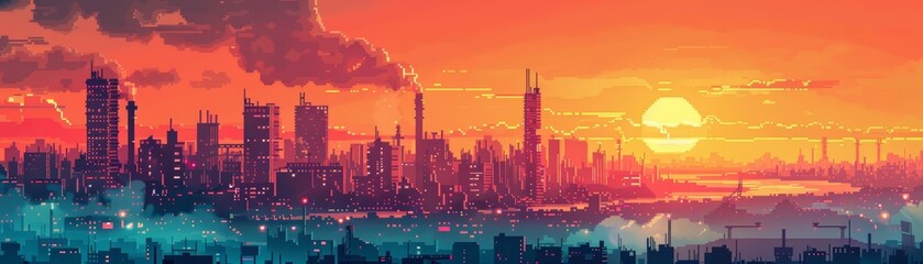 Sunset over a city skyline with a bright sun.