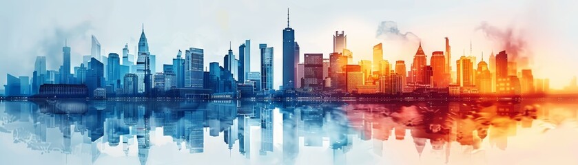 Obraz premium Watercolor cityscape with blue and orange hues.